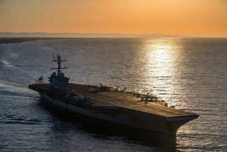 The aircraft carrier USS Nimitz at sea, deployed to Argentine waters for the joint naval exercises PASSEX 2026 and Daga Atlántica.
